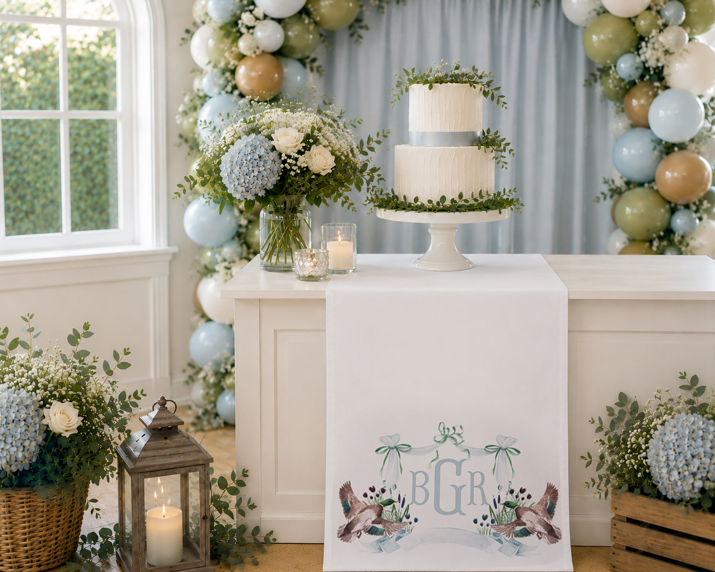 Personalized Mallard Duck Table Runner | Custom Monogram Baby Shower & Woodland Party Decor