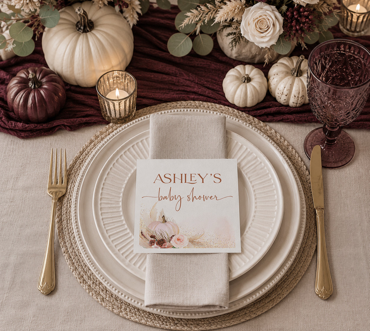 Personalized Little Pumpkin Baby Shower Napkins | Boho Fall Pumpkin Baby Shower Decorations | Custom Paper Napkins