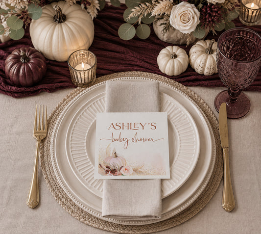 Personalized Little Pumpkin Baby Shower Napkins | Boho Fall Pumpkin Baby Shower Decorations | Custom Paper Napkins