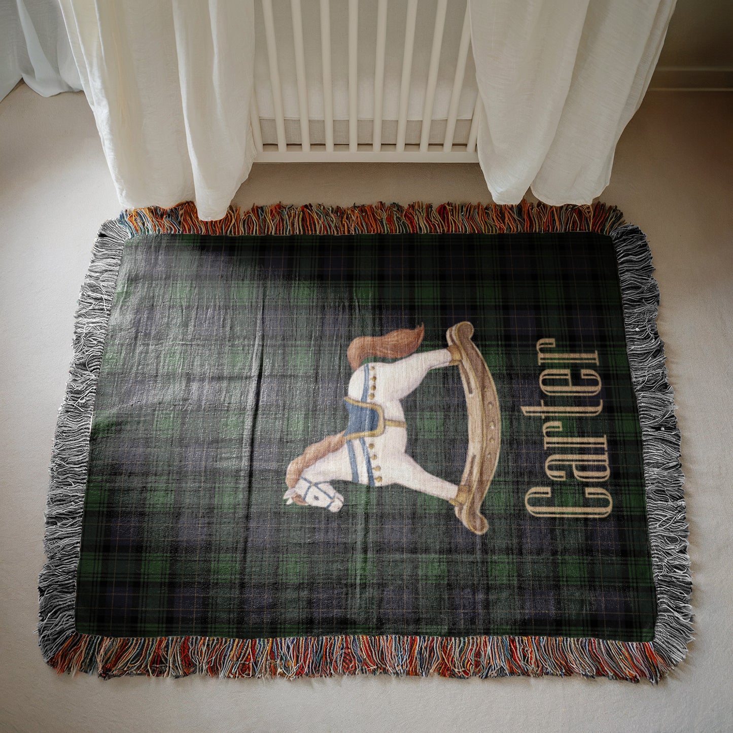 Rocking Horse Baby Blanket, Green Tartan Plaid Woven Throw, Preppy Nursery Decor, Heirloom Cotton Baby Blanket, Baby Shower Gift