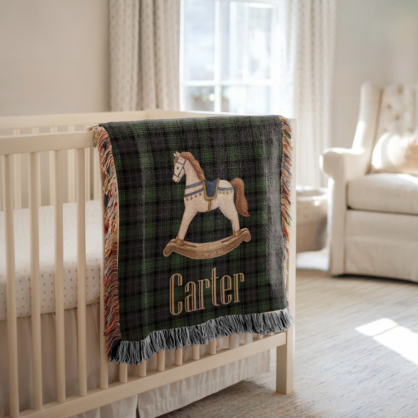 Rocking Horse Baby Blanket, Green Tartan Plaid Woven Throw, Preppy Nursery Decor, Heirloom Cotton Baby Blanket, Baby Shower Gift