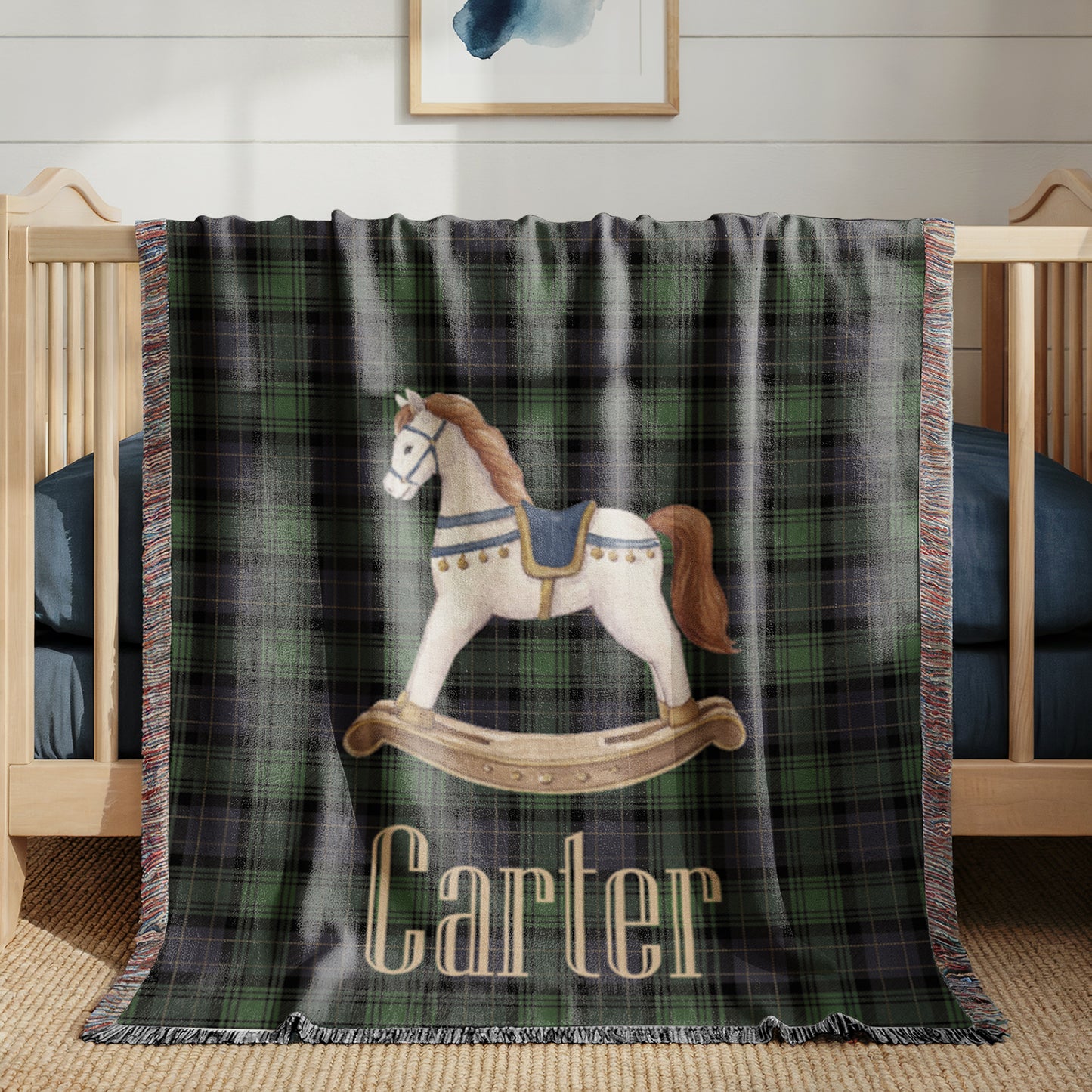 Rocking Horse Baby Blanket, Green Tartan Plaid Woven Throw, Preppy Nursery Decor, Heirloom Cotton Baby Blanket, Baby Shower Gift