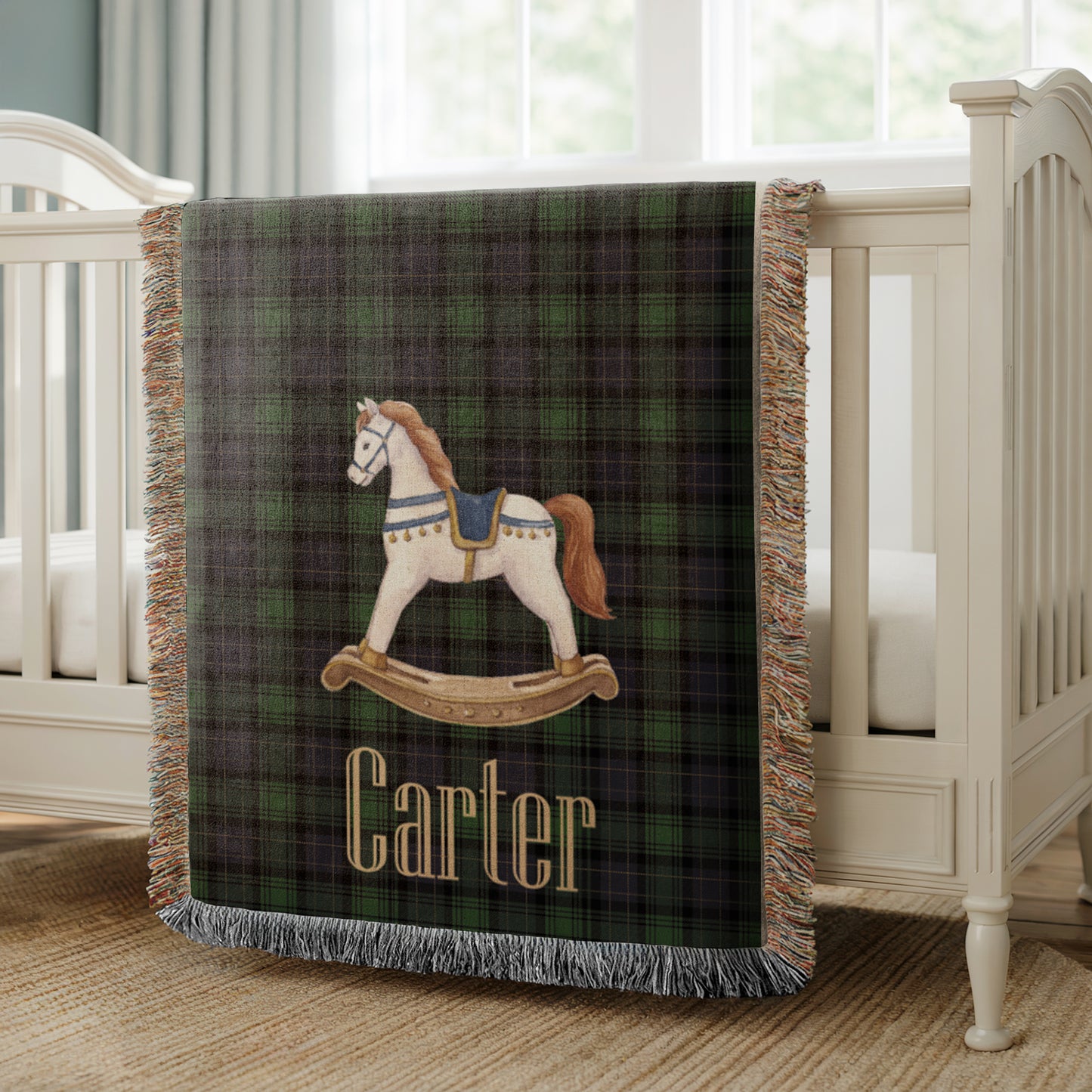 Rocking Horse Baby Blanket, Green Tartan Plaid Woven Throw, Preppy Nursery Decor, Heirloom Cotton Baby Blanket, Baby Shower Gift