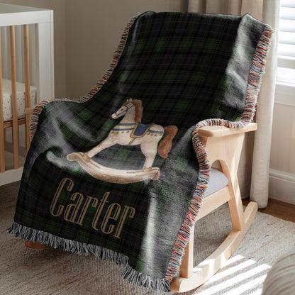 Rocking Horse Baby Blanket, Green Tartan Plaid Woven Throw, Preppy Nursery Decor, Heirloom Cotton Baby Blanket, Baby Shower Gift