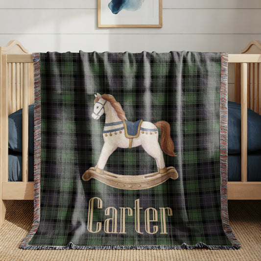 Rocking Horse Baby Blanket, Green Tartan Plaid Woven Throw, Preppy Nursery Decor, Heirloom Cotton Baby Blanket, Baby Shower Gift