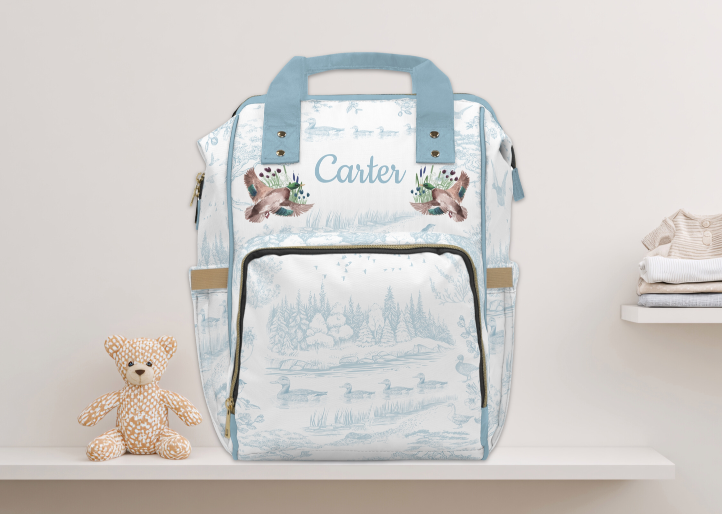 Personalized Mallard Duck Diaper Bag, Blue Toile Diaper Backpack, Woodland Baby Bag, Baby Shower Gift, Unisex Diaper Backpack