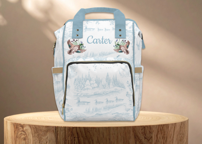 Personalized Mallard Duck Diaper Bag, Blue Toile Diaper Backpack, Woodland Baby Bag, Baby Shower Gift, Unisex Diaper Backpack