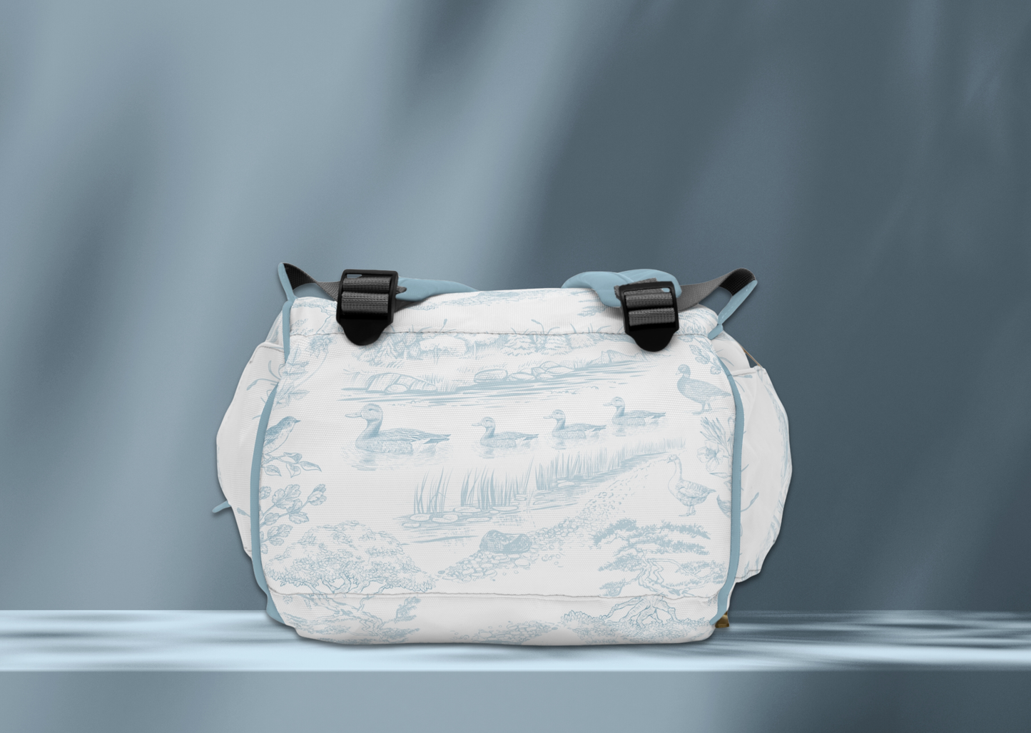 Personalized Mallard Duck Diaper Bag, Blue Toile Diaper Backpack, Woodland Baby Bag, Baby Shower Gift, Unisex Diaper Backpack