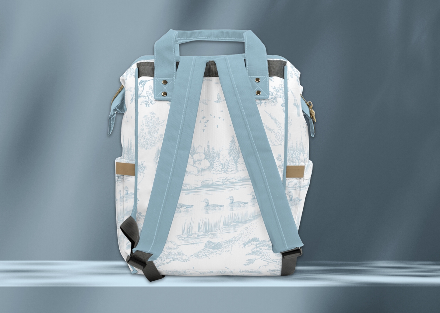 Personalized Mallard Duck Diaper Bag, Blue Toile Diaper Backpack, Woodland Baby Bag, Baby Shower Gift, Unisex Diaper Backpack