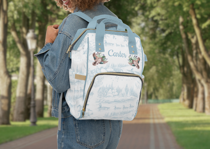 Personalized Mallard Duck Diaper Bag, Blue Toile Diaper Backpack, Woodland Baby Bag, Baby Shower Gift, Unisex Diaper Backpack