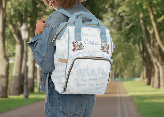 Personalized Mallard Duck Diaper Bag, Blue Toile Diaper Backpack, Woodland Baby Bag, Baby Shower Gift, Unisex Diaper Backpack