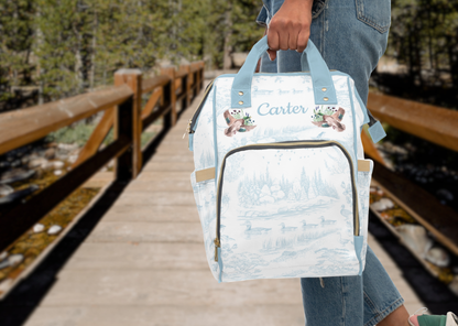Personalized Mallard Duck Diaper Bag, Blue Toile Diaper Backpack, Woodland Baby Bag, Baby Shower Gift, Unisex Diaper Backpack