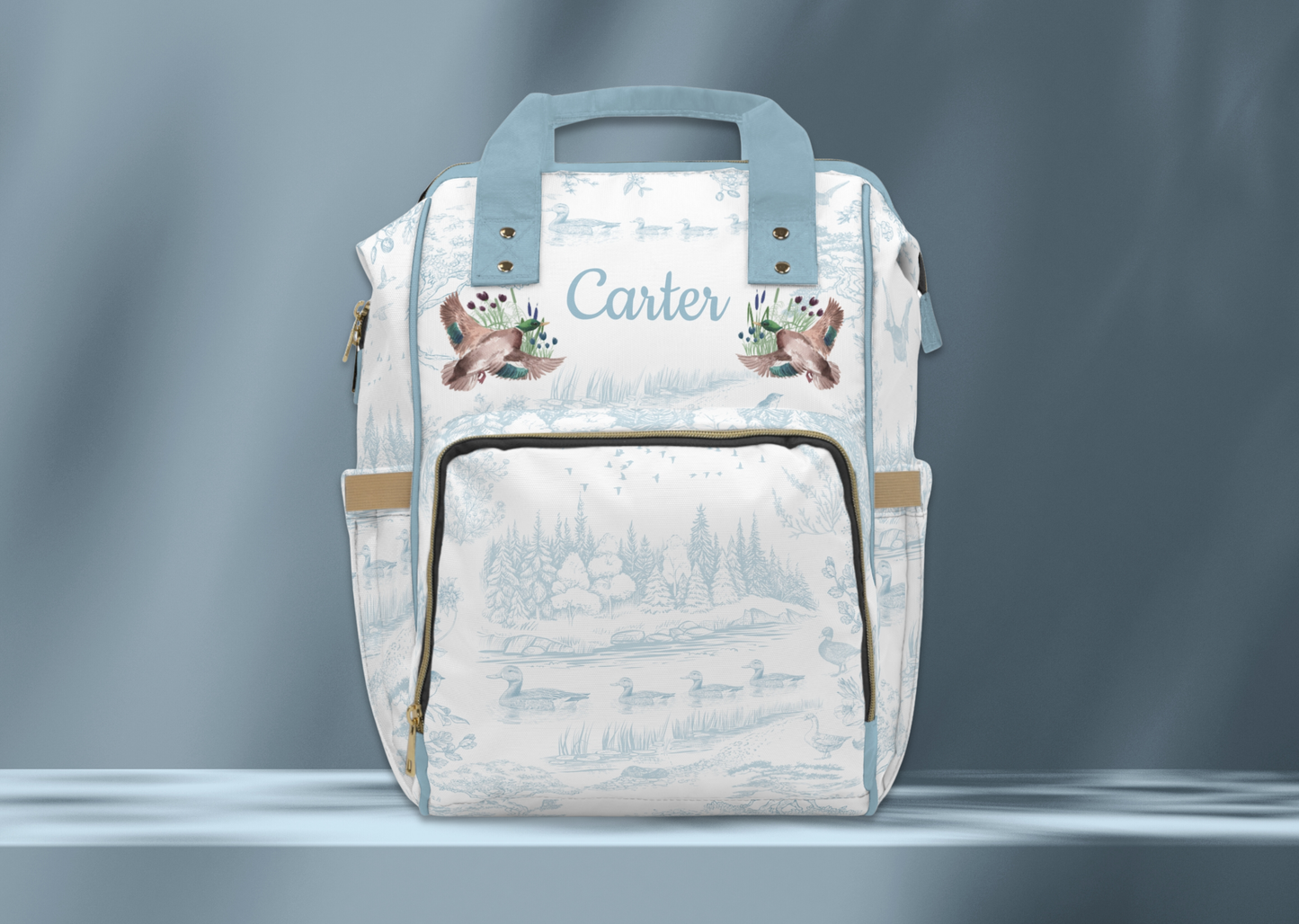 Personalized Mallard Duck Diaper Bag, Blue Toile Diaper Backpack, Woodland Baby Bag, Baby Shower Gift, Unisex Diaper Backpack
