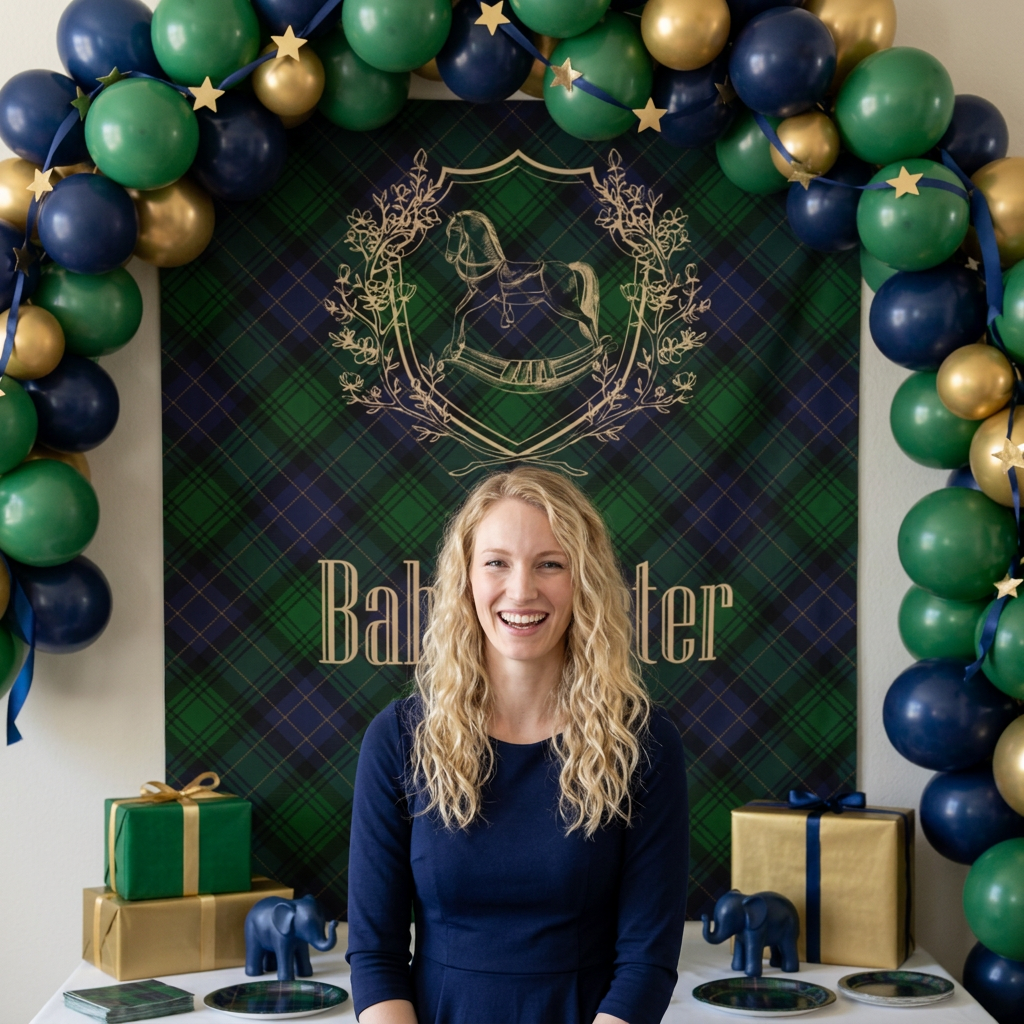 Personalized Rocking Horse Nursery Tapestry, Green & Navy Tartan Wall Hanging, Preppy Baby Room Decor, Baby Shower Backdrop, Plaid Nursery Decor