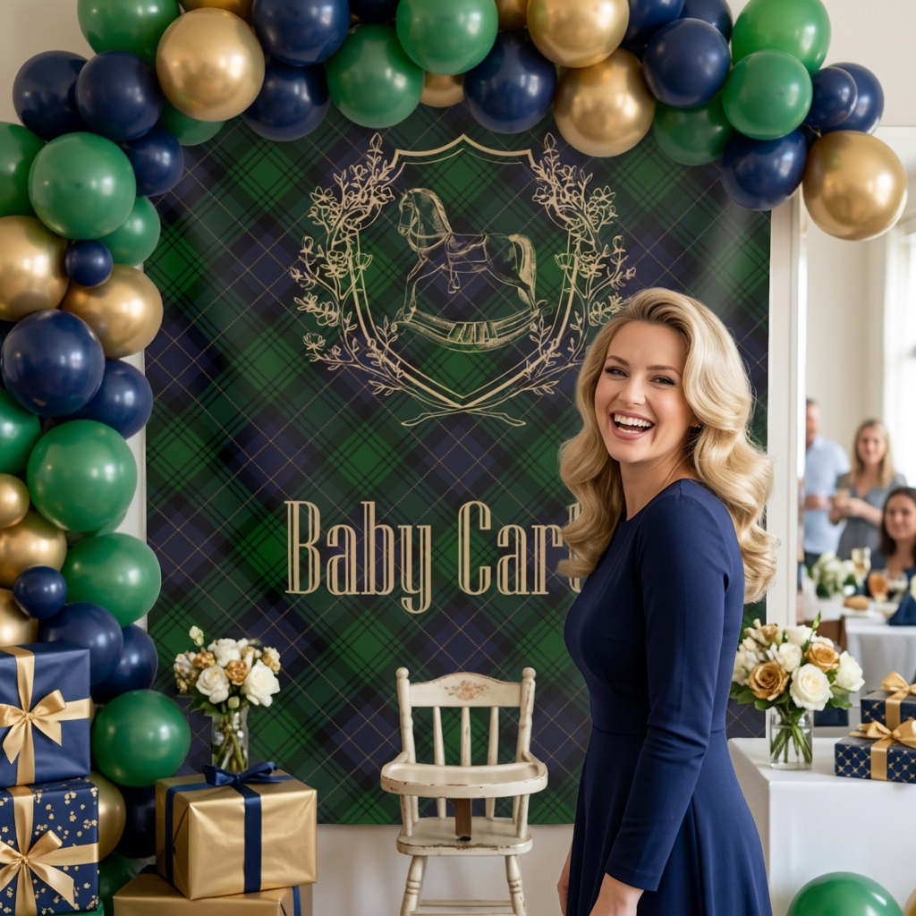 Personalized Rocking Horse Nursery Tapestry, Green & Navy Tartan Wall Hanging, Preppy Baby Room Decor, Baby Shower Backdrop, Plaid Nursery Decor
