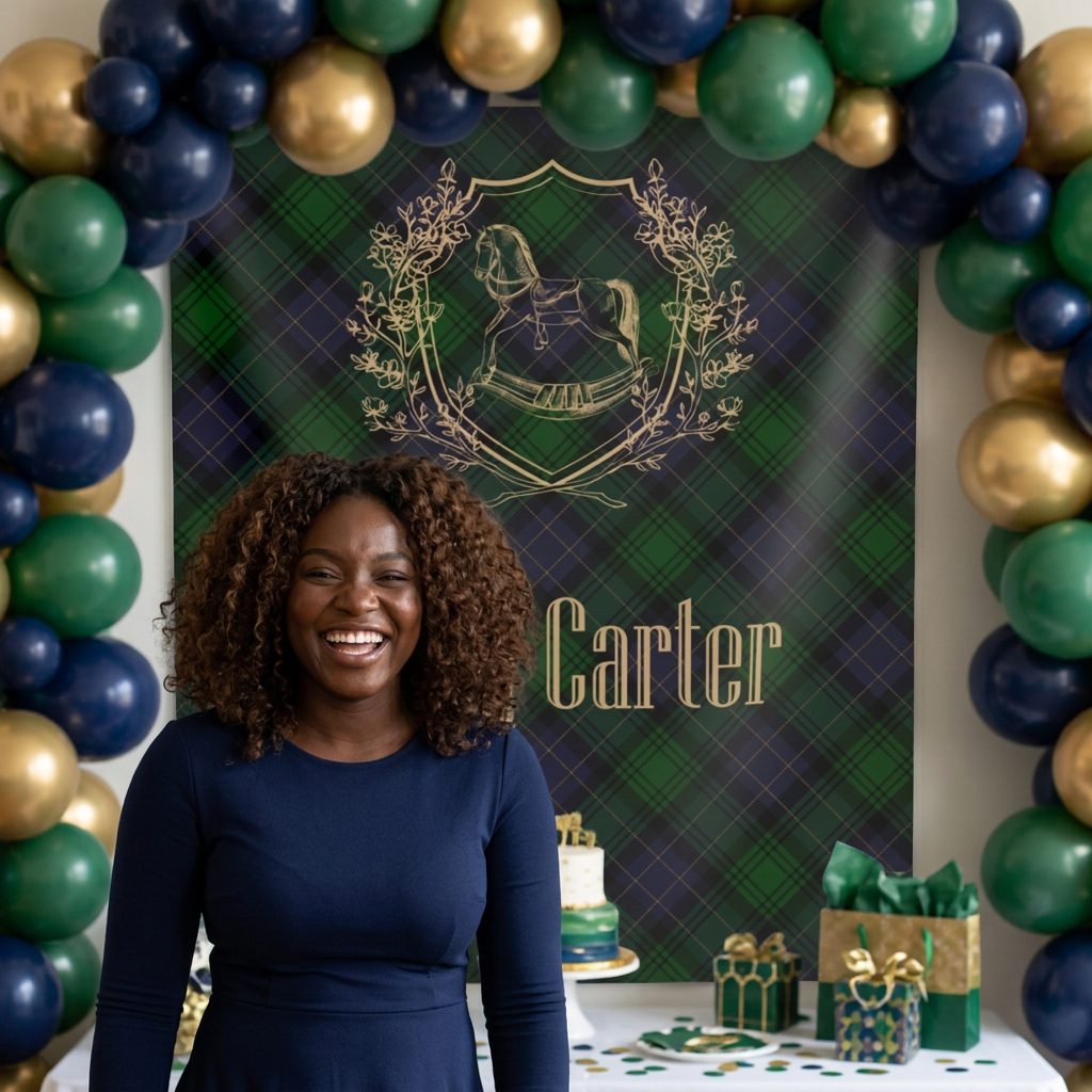 Personalized Rocking Horse Nursery Tapestry, Green & Navy Tartan Wall Hanging, Preppy Baby Room Decor, Baby Shower Backdrop, Plaid Nursery Decor