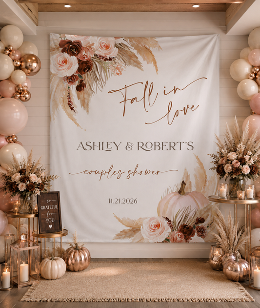Fall in Love Wedding Backdrop Tapestry | Autumn Bridal Shower Backdrop | Couples Shower Wedding Decor | Romantic Fall Wedding Background