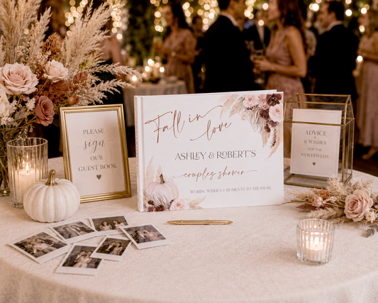 Fall in Love Wedding Guest Book | Autumn Couples Shower & Bridal Shower Guestbook | Pampas Grass, Blush Pink & Burgundy