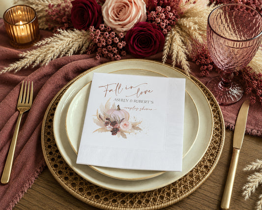 Fall in Love Floral Bridal Shower Napkins — Personalized Autumn Wedding Cocktail Napkins