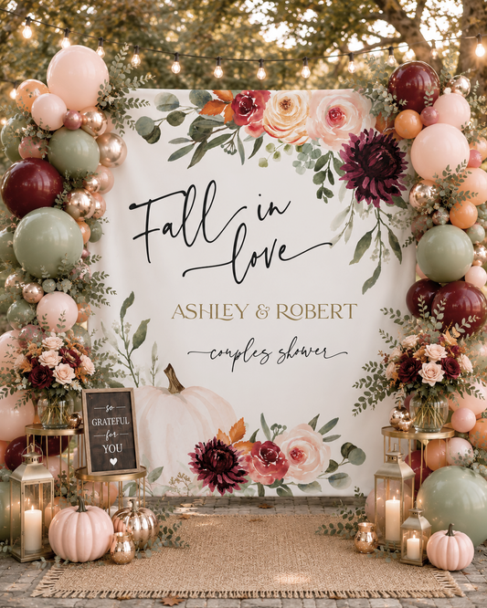 Personalized Fall in Love Floral Tapestry | Autumn Wedding & Couples Shower Wall Decor