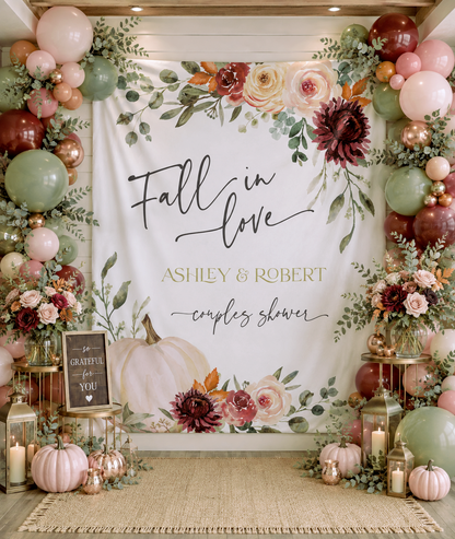 Personalized Fall in Love Floral Tapestry | Autumn Wedding & Couples Shower Wall Decor