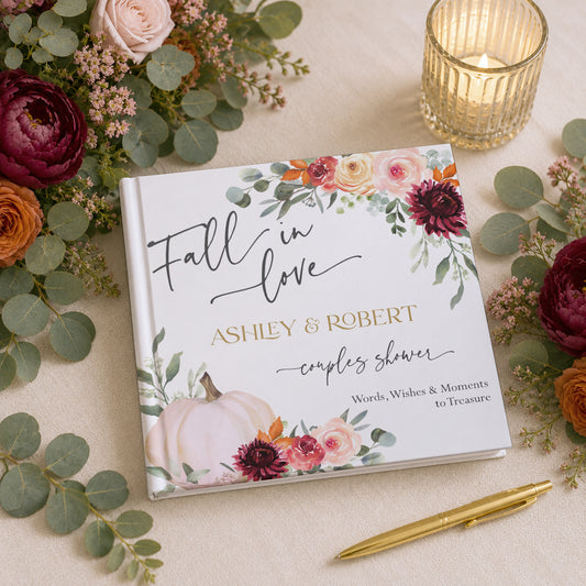 Fall in Love Couples Shower Hardcover Photo Book — Personalized Autumn Wedding Keepsake