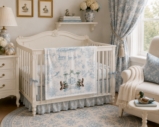 Personalized Mallard Duck Baby Fleece Blanket | Blue Toile Monogram Nursery Blanket | Baby Boy Gift 30x40"