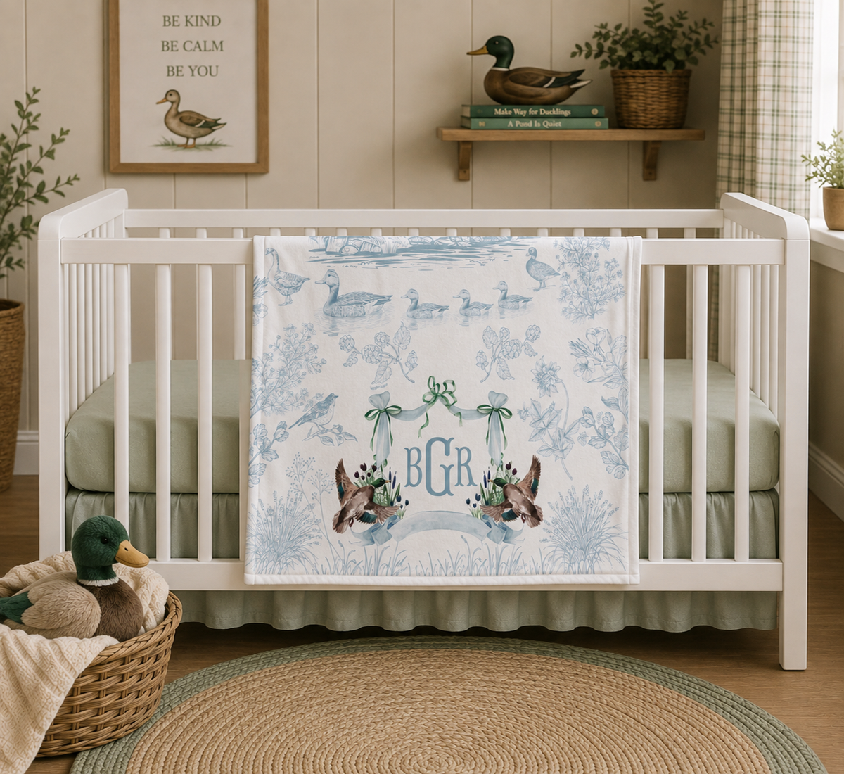 Personalized Mallard Duck Baby Fleece Blanket | Blue Toile Monogram Nursery Blanket | Baby Boy Gift 30x40"
