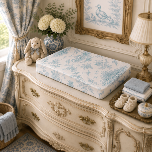 Blue Toile Changing Pad Cover – Baby Nursery Changing Pad Cover, Vintage Duck & Floral Nursery Decor