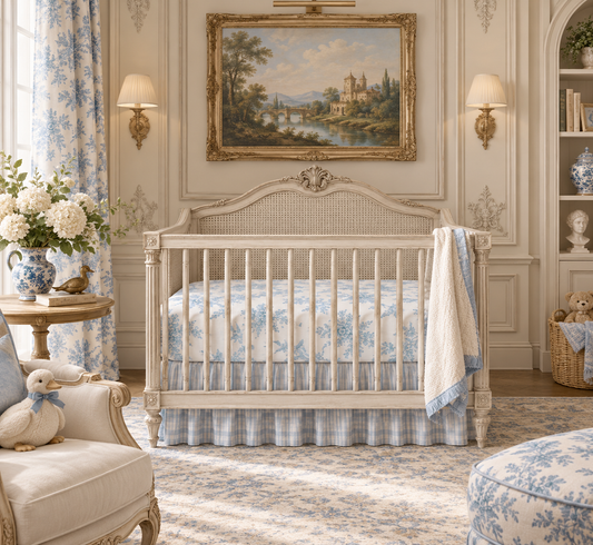 Blue Toile Crib Sheet – Classic Floral & Mallard Duck Nursery Bedding, Baby Crib Sheet