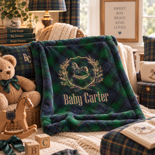 Personalized Rocking Horse Baby Lovey Blanket | Green & Navy Tartan Plaid Baby Boy Gift