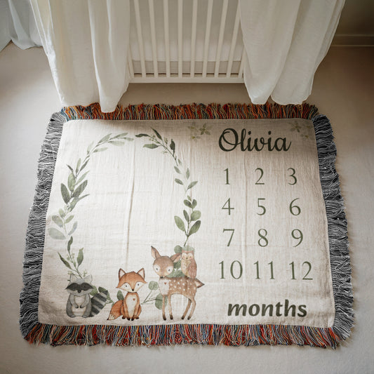 Personalized Woodland Fox Milestone Blanket | Baby Monthly Photo Prop | Woven Nursery Blanket