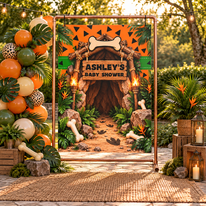 Personalized Caveman Baby Shower Backdrop Tapestry, Prehistoric Jungle Party Decor, Dinosaur Birthday, Gender Reveal Photo Backdrop
