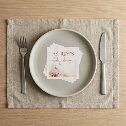 Personalized Little Pumpkin Baby Shower Napkins | Boho Fall Pumpkin Baby Shower Decorations | Custom Paper Napkins