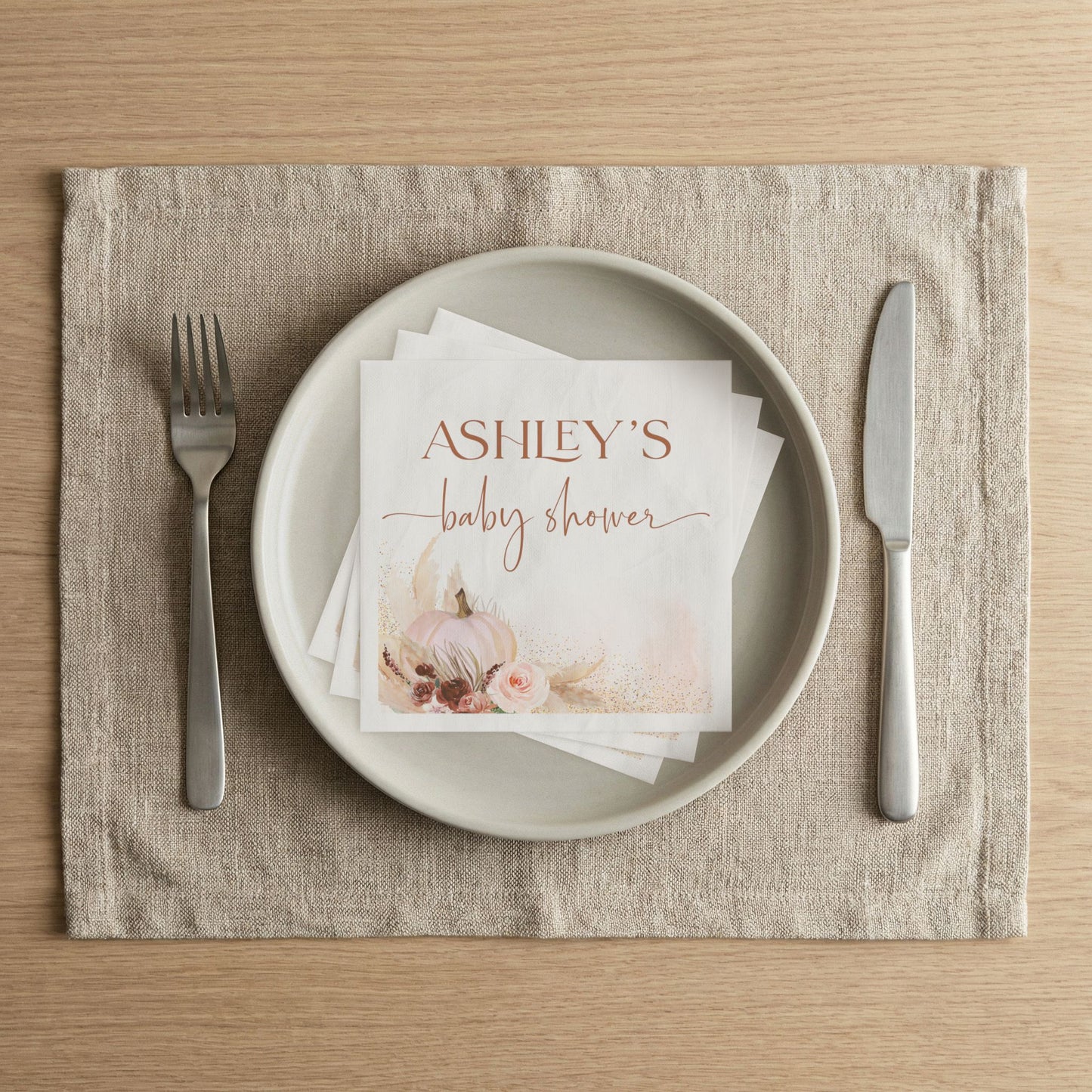 Personalized Little Pumpkin Baby Shower Napkins | Boho Fall Pumpkin Baby Shower Decorations | Custom Paper Napkins
