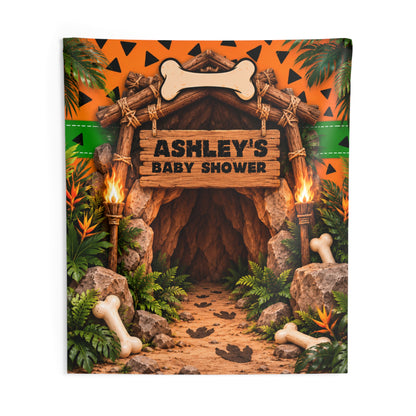 Personalized Caveman Baby Shower Backdrop Tapestry, Prehistoric Jungle Party Decor, Dinosaur Birthday, Gender Reveal Photo Backdrop