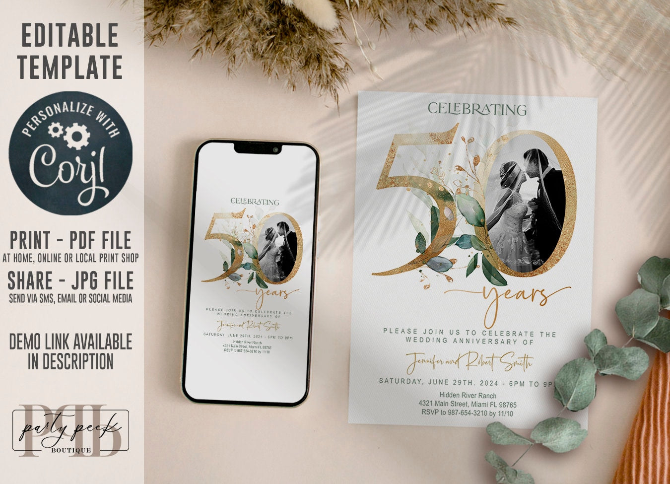 Editable 50th Wedding Anniversary Invitation Bundle, Greenery Gold Template Set, RSVP, Seating Chart, Menu, Signs, Place Cards, Corjl