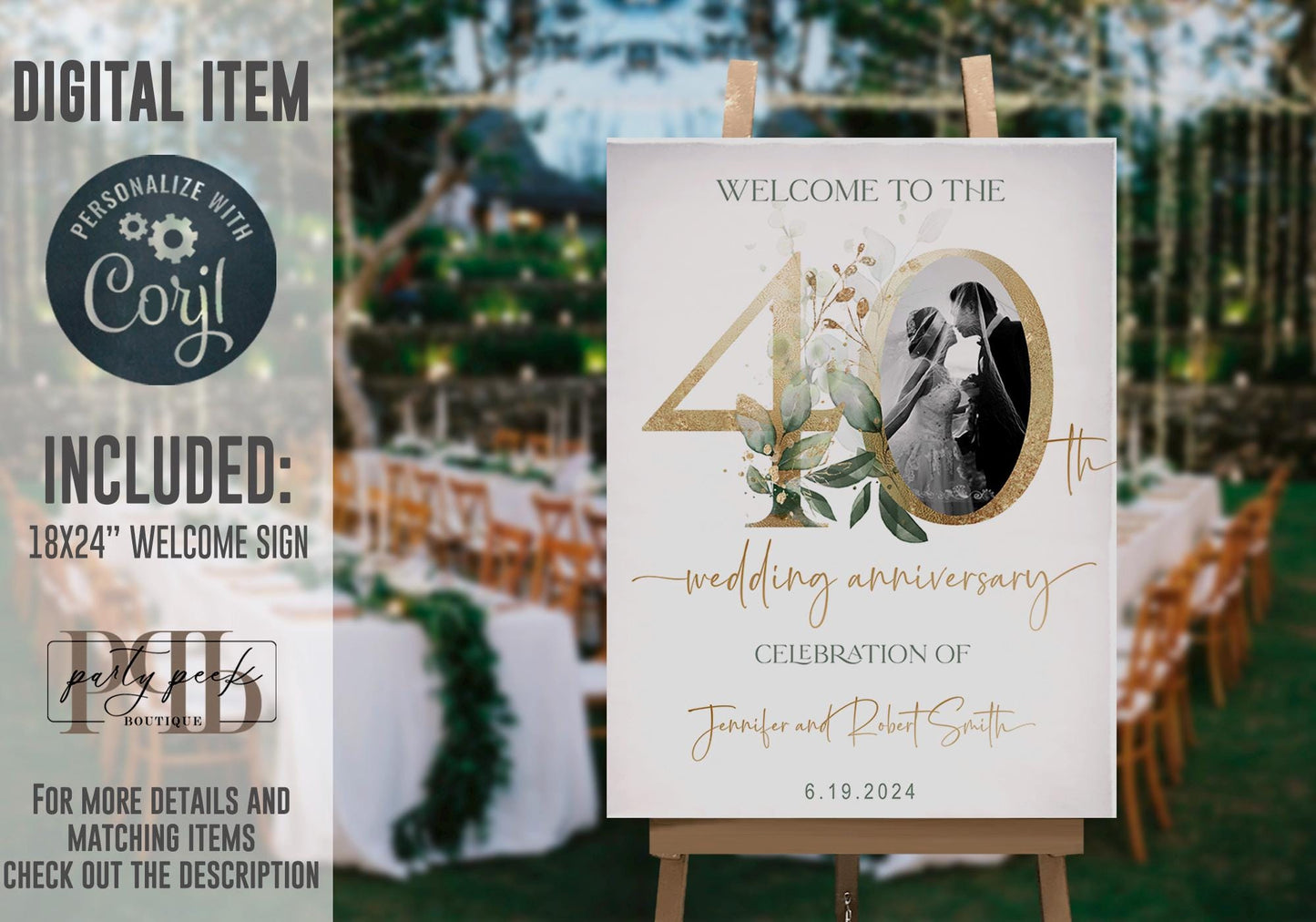 40th Anniversary Welcome Sign, Wedding Anniversary Decor Template, Editable Greenery Gold Eucalyptus Sign, Digital Download