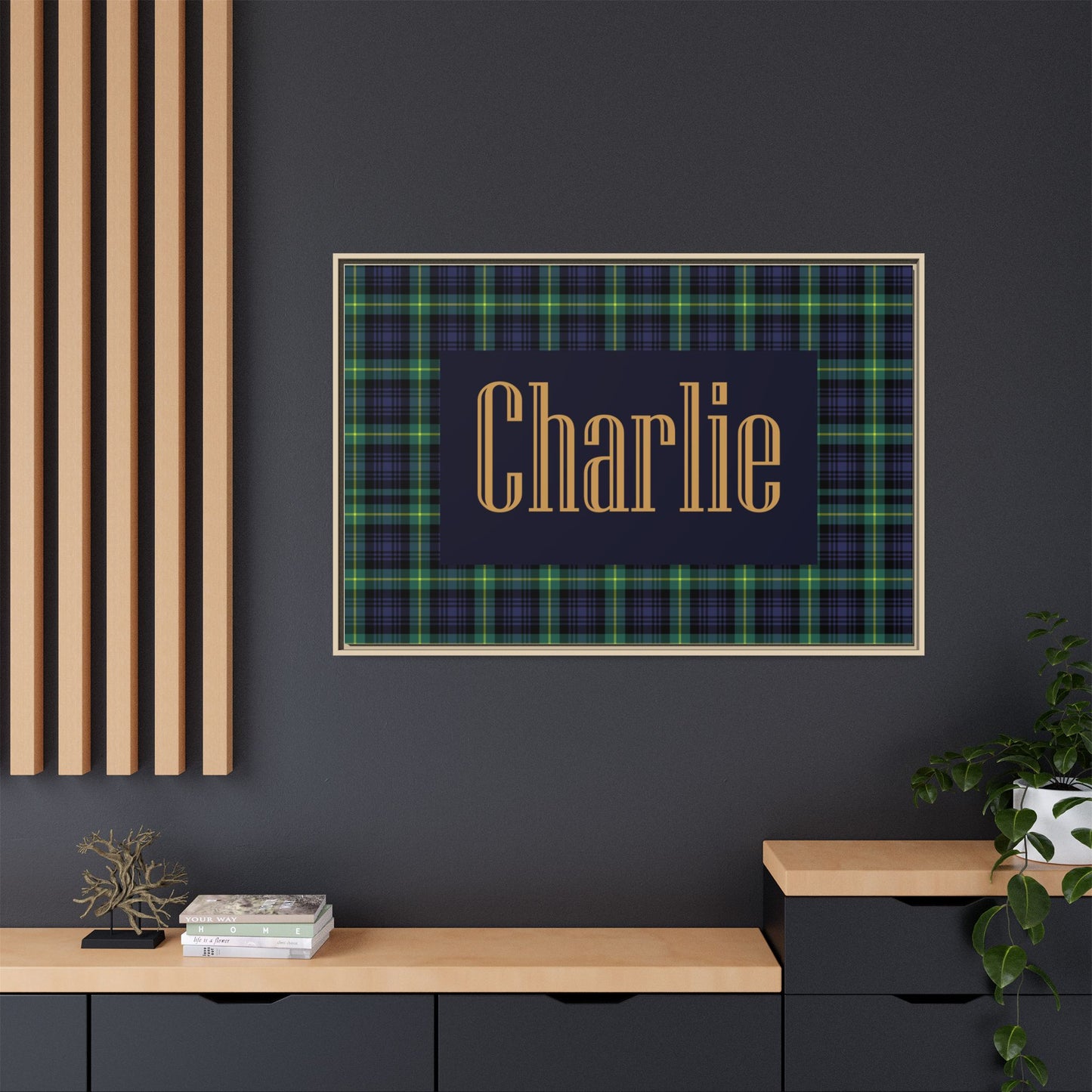 Preppy Tartan Nursery Name Sign, Personalized Baby Name Wall Art, Green & Navy Plaid Nursery Decor, Custom Boy Nursery Sign, Framed Canvas