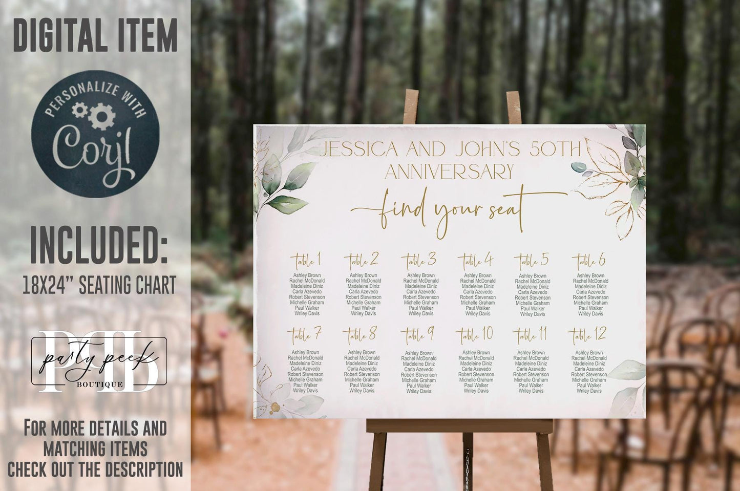 50th Anniversary Seating Chart Sign Template, Editable Wedding Seating Chart, Greenery Gold Eucalyptus Anniversary Sign, Digital Download