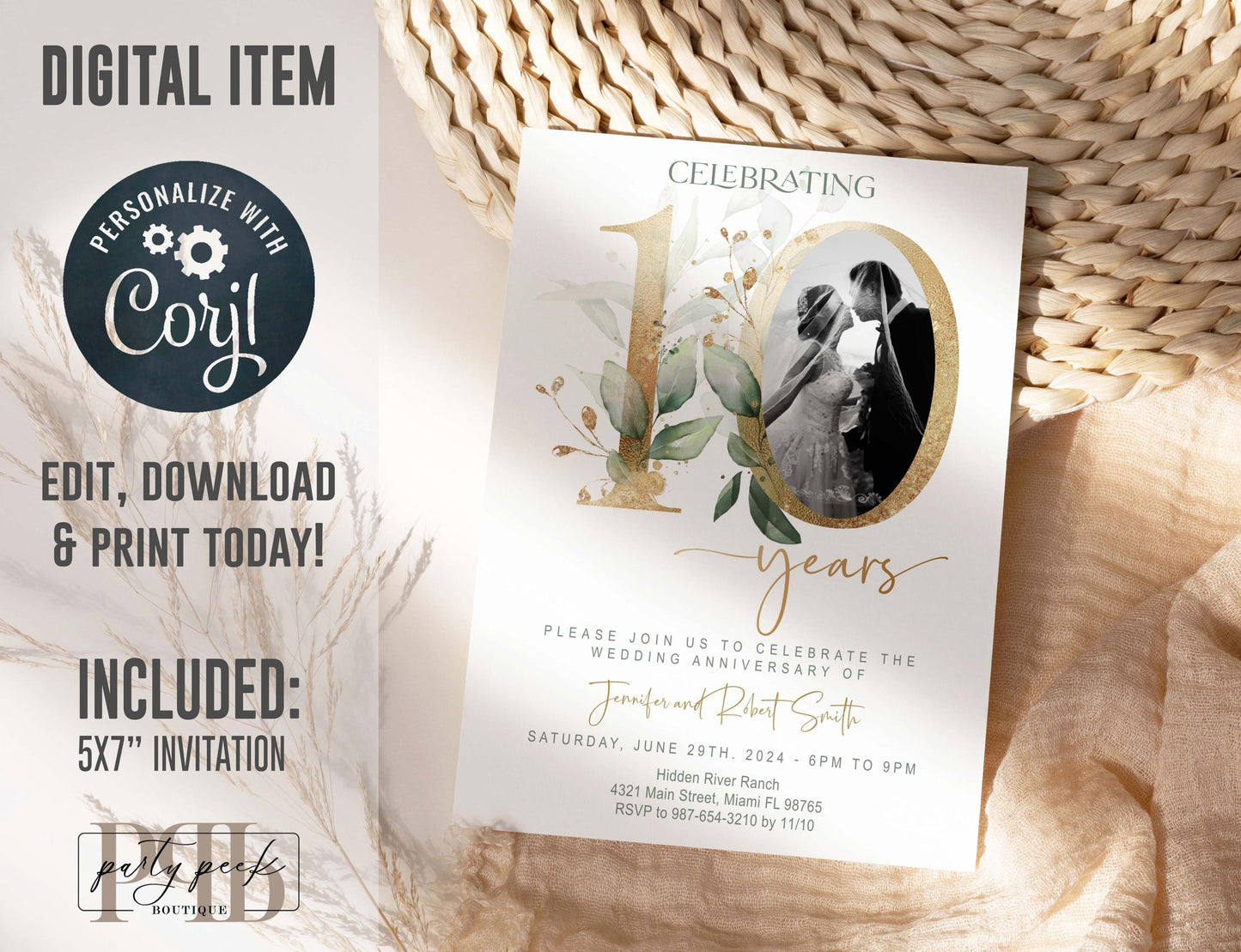 10th Wedding Anniversary Invitation Template with Photo | Greenery & Gold Elegant Eucalyptus Design | Editable Online, Digital Download