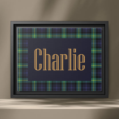 Preppy Tartan Nursery Name Sign, Personalized Baby Name Wall Art, Green & Navy Plaid Nursery Decor, Custom Boy Nursery Sign, Framed Canvas