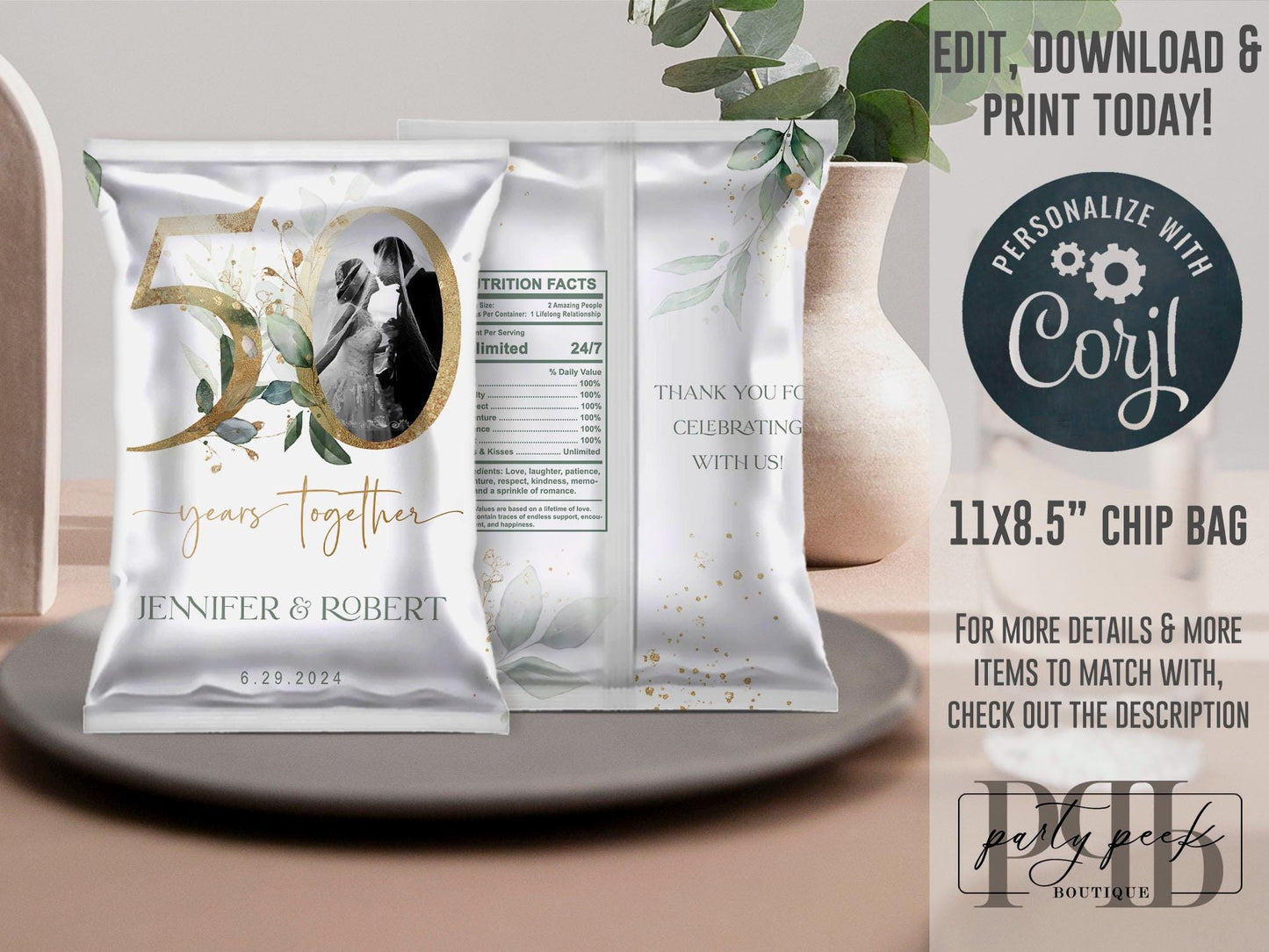 Editable 50th Wedding Anniversary Invitation Bundle, Greenery Gold Template Set, RSVP, Seating Chart, Menu, Signs, Place Cards, Corjl