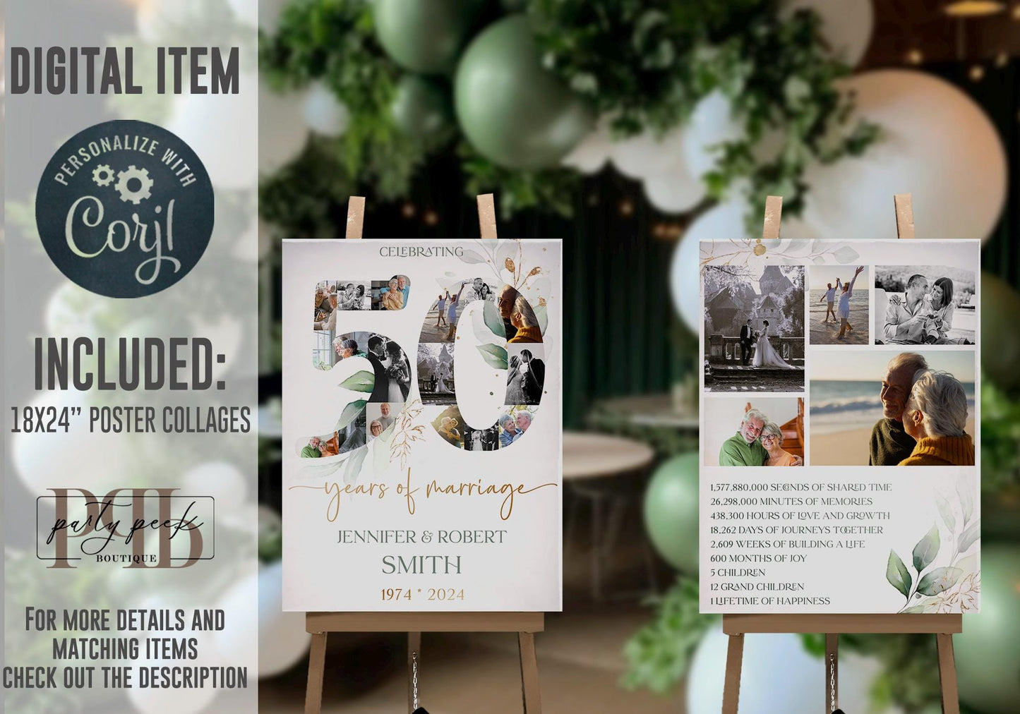 50th Anniversary Photo Collage Poster, Wedding Anniversary Sign with Photos, Editable Greenery Gold Eucalyptus Template, Digital Download