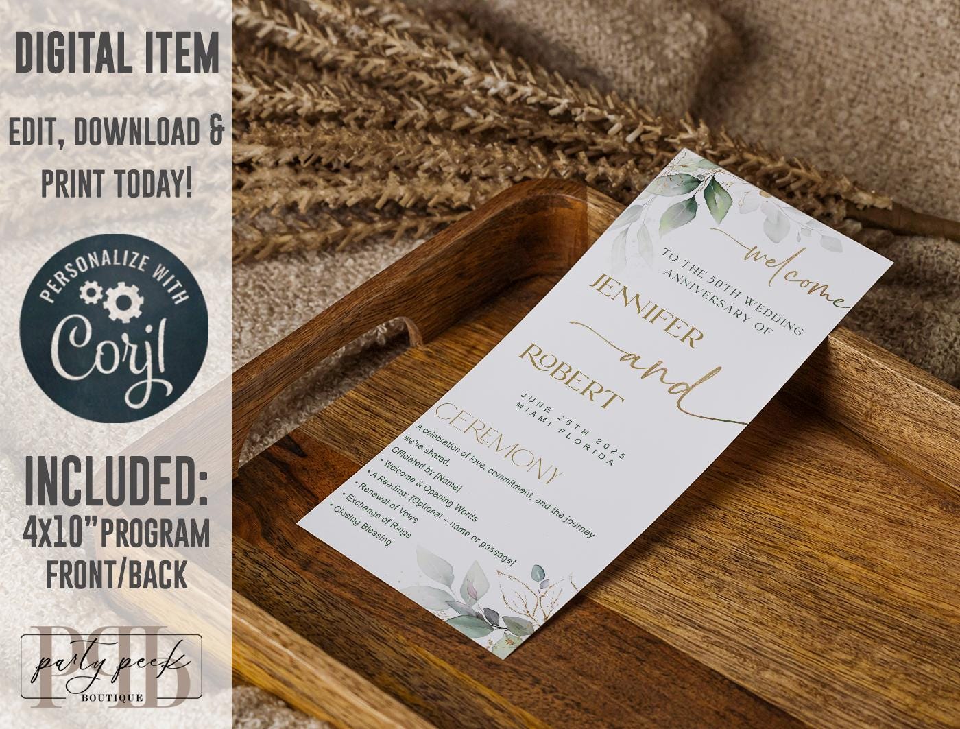 Wedding Anniversary Program Template (Front & Back) | Greenery Gold Eucalyptus Design | Editable Online