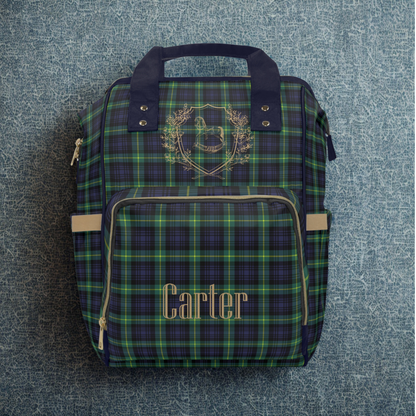 Personalized Rocking Horse Diaper Backpack, Green Tartan Plaid Diaper Bag, Preppy Baby Bag, Baby Shower Gift, Nursery Backpack