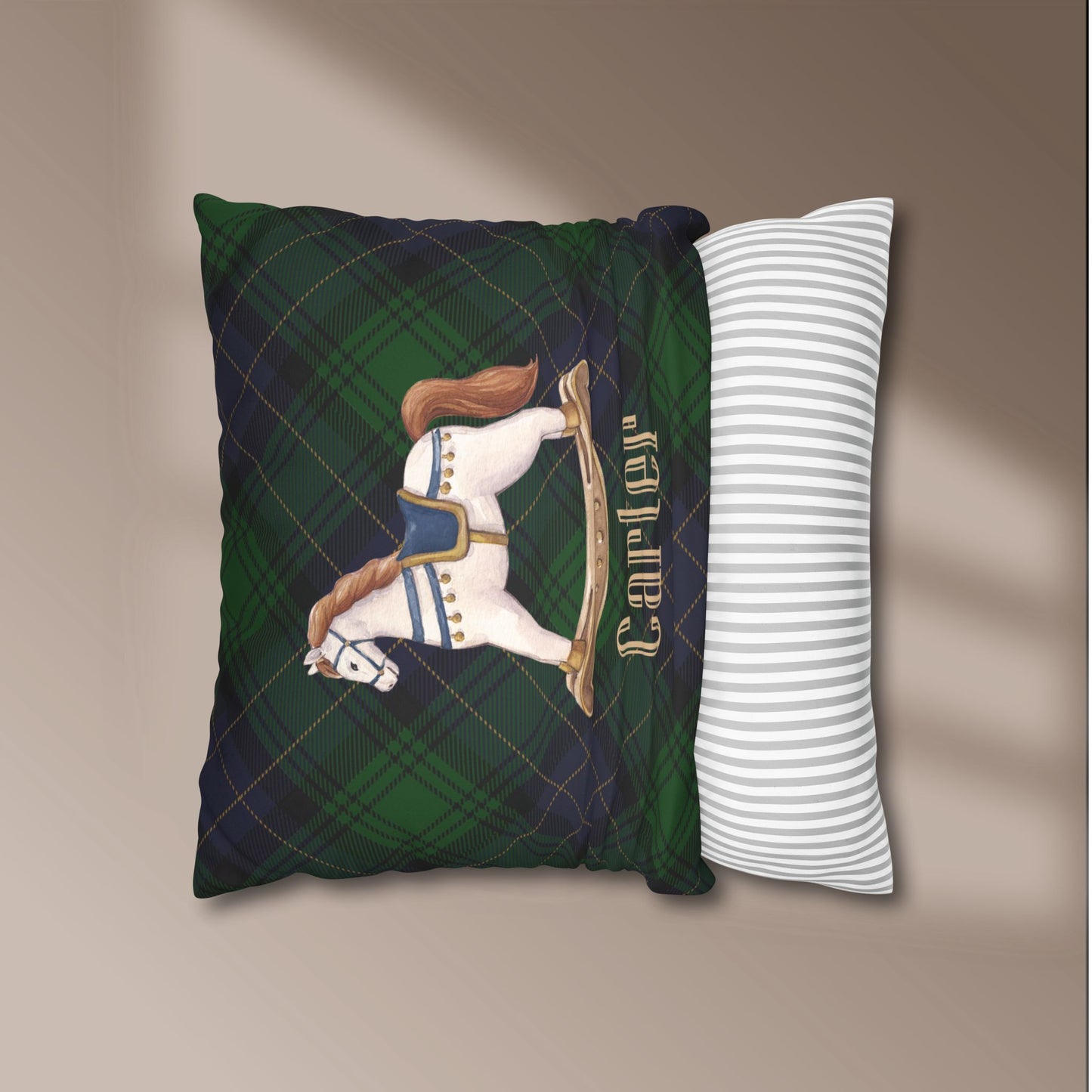 Personalized Rocking Horse Nursery Pillow Cover, Custom Baby Name Pillow, Green Tartan Plaid Nursery Decor, Faux Suede Cushion Cover