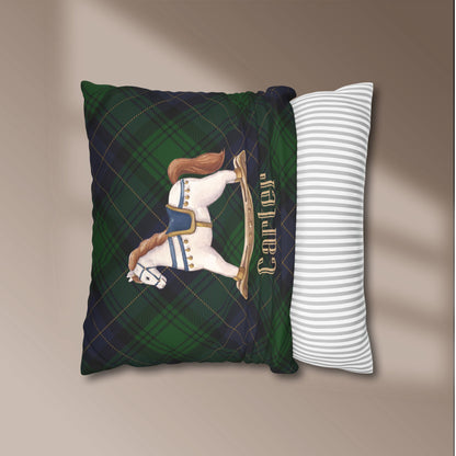 Personalized Rocking Horse Nursery Pillow Cover, Custom Baby Name Pillow, Green Tartan Plaid Nursery Decor, Faux Suede Cushion Cover
