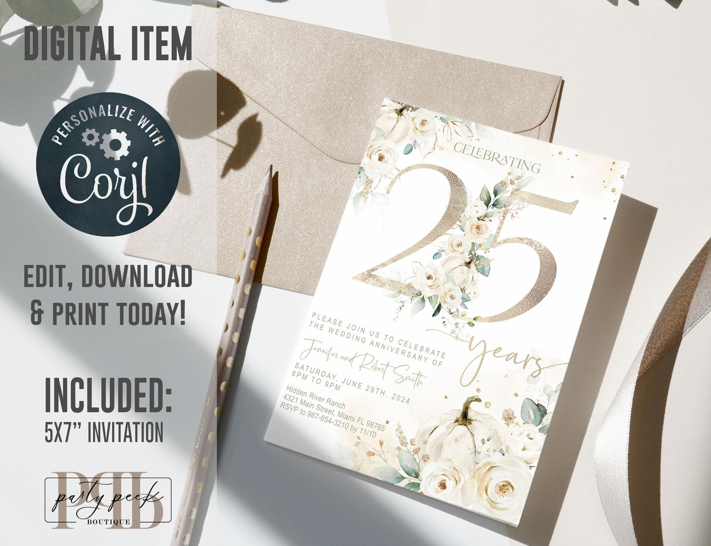 Wedding Anniversary Invitation Template – Editable Year, Fall Floral Party Invite, Elegant Autumn Foliage Design (Corjl Template)