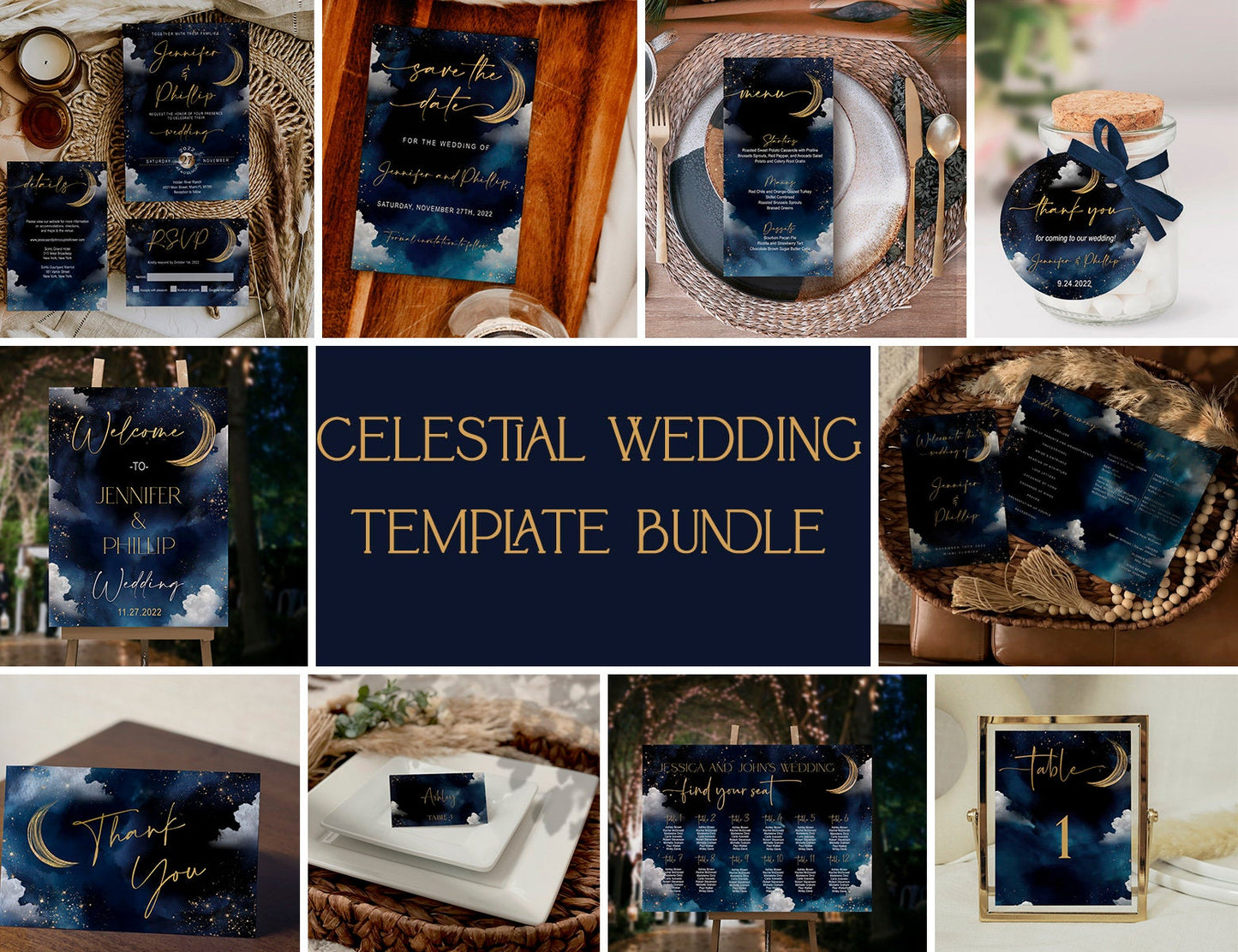 Celestial Wedding Invitation Bundle Template, Moon Galaxy Starry Night Rustic Wedding Suite, Editable Digital Download